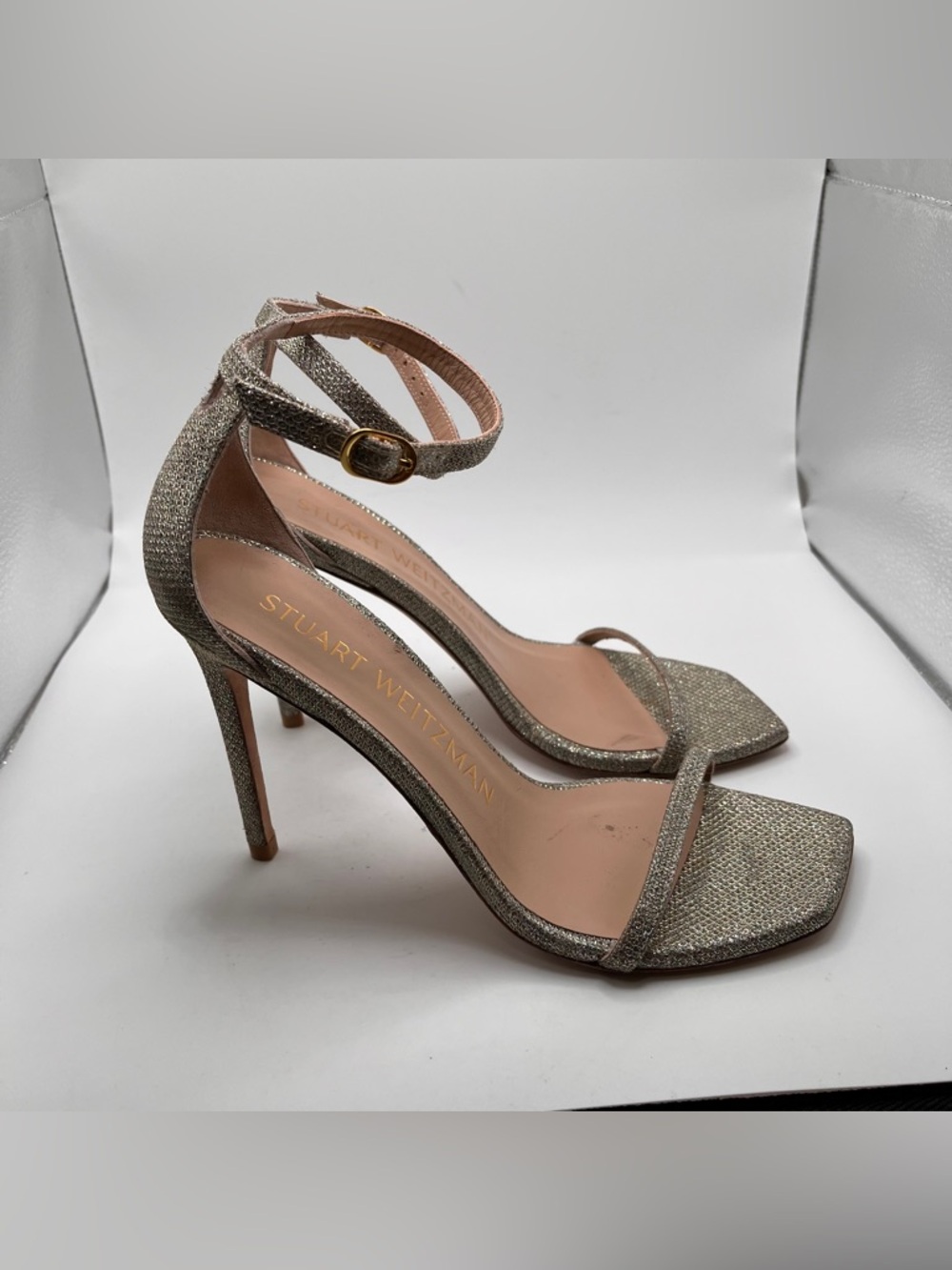 Stuart Weitzman Silver Ankle-Strap Stiletto NudistCurve 100 Sandal Heels 8.5 - Picture 6 of 10